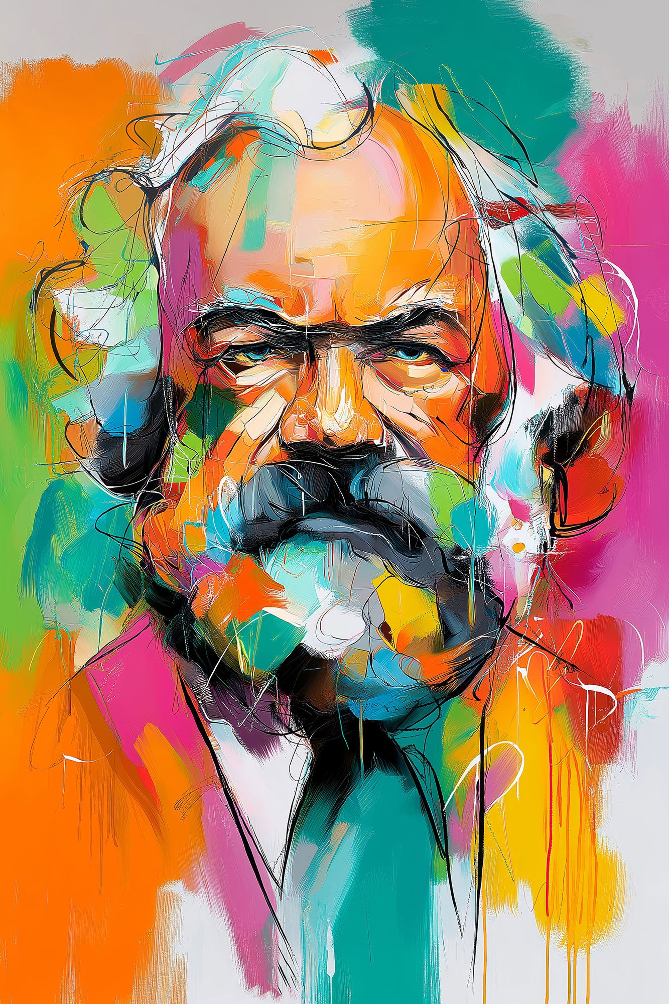 Karl Marx Porträt im illustrativen Pop Art Look als hochwertiger Kunstdruck auf Leinwand, Alu-Dibond oder hinter Acrylglas. Jetzt bestellen mit kostenloser Lieferung innerhalb Deutschlands.