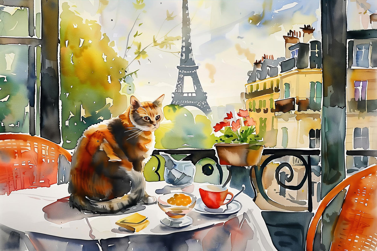 Stimmungsvolles, modernes Aquarell-Gemälde einer Katze, die auf einem Pariser Balkontisch sitzt, mit Blick auf den Eiffelturm im Hintergrund. Erhältlich als Poster oder Wandbild auf Leinwand, hinter Acrylglas oder Alu-Dibond.