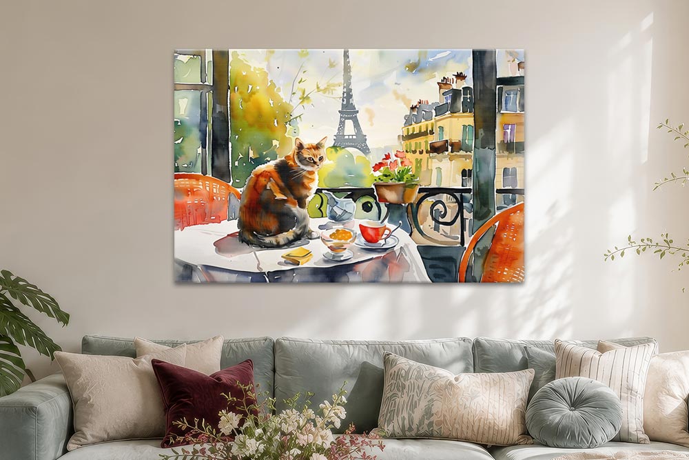 Stimmungsvolles, modernes Aquarell-Gemälde einer Katze, die auf einem Pariser Balkontisch sitzt, mit Blick auf den Eiffelturm im Hintergrund. Erhältlich als Poster oder Wandbild auf Leinwand, hinter Acrylglas oder Alu-Dibond.