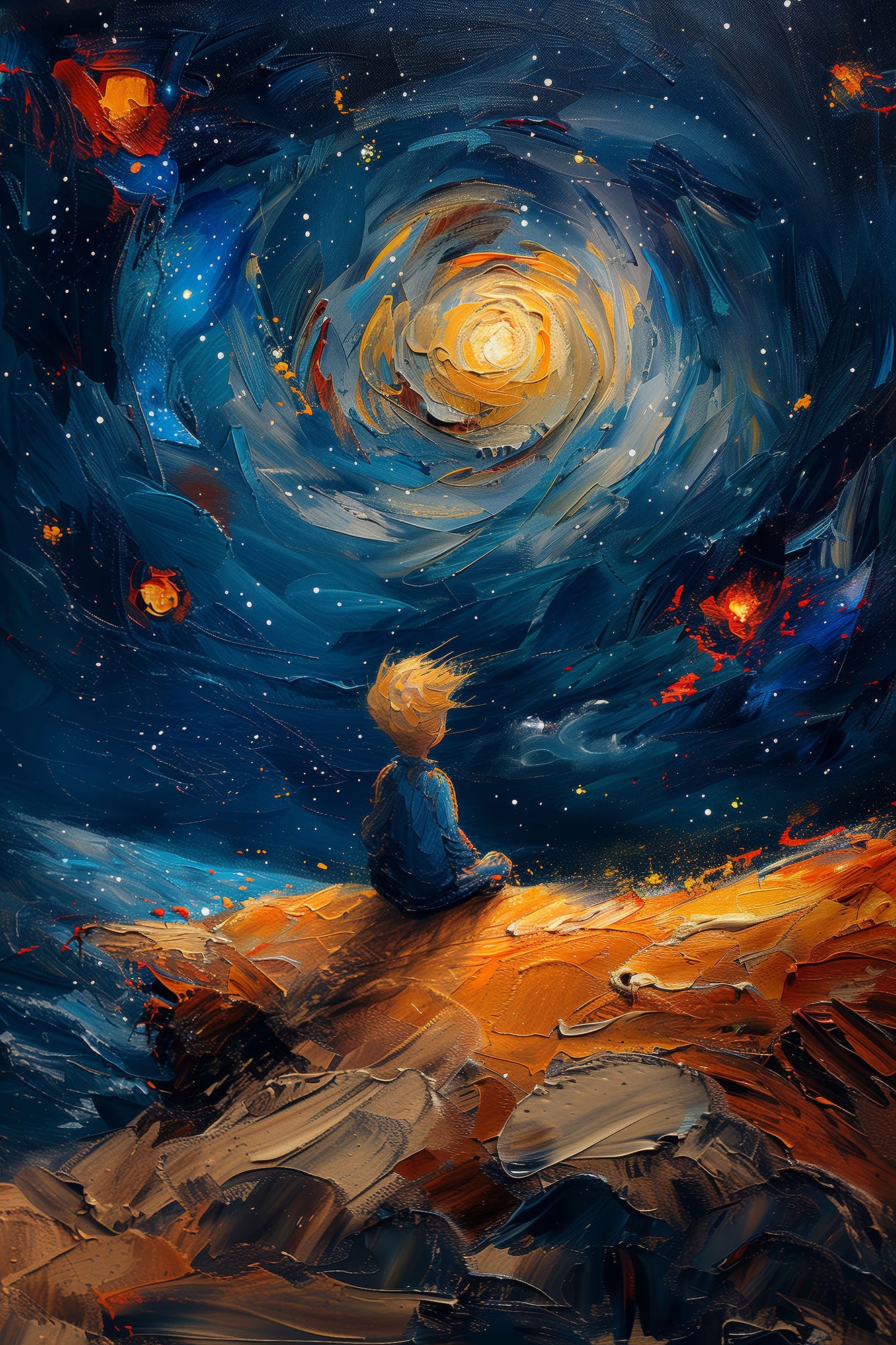 Expressiver Kunstdruck eines Gemäldes im Van-Gogh-Stil mit einem kleinen Jungen, der auf einem Felsen sitzt und in einen wirbelnden Sternenhimmel blickt. Erhältlich auf Leinwand, hinter Acrylglas oder auf Alu-Dibond.