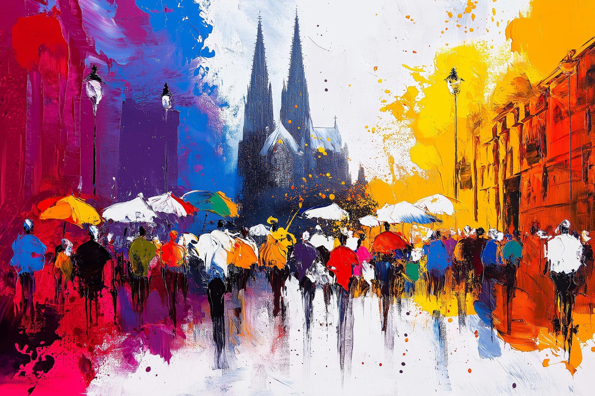 Abstraktes Kölner Stadt-Motiv mit dem Dom und belebter Flaniermeile im Stil eines modernen Gemäldes als hochwertiger Kunstdruck auf Leinwand, Alu-Dibond oder hinter Acrylglas online kaufen.