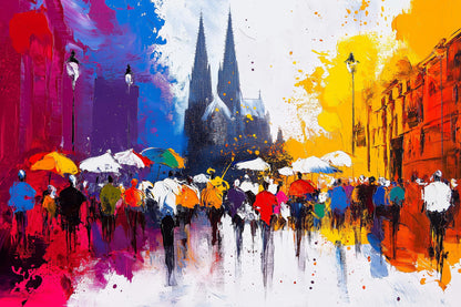 Abstraktes Kölner Stadt-Motiv mit dem Dom und belebter Flaniermeile im Stil eines modernen Gemäldes als hochwertiger Kunstdruck auf Leinwand, Alu-Dibond oder hinter Acrylglas online kaufen.