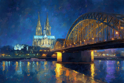 Kölner Dom bei Nacht Gemälde als hochwertiger Kunstdruck. Jetzt bestellen als Wandbild auf Leinwand, Alu-Dibond, hinter Acrylglas oder als Poster. Versandkostenfreie Lieferung innerhalb Deutschlands.