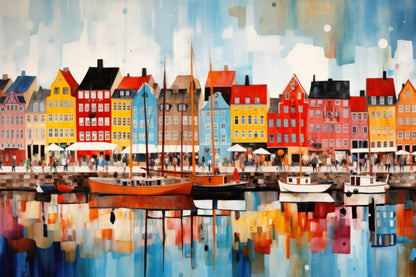 Kopenhagen Nyhavn Hafen Motiv im modernen, farbenfrohen Gemälde-Stil als hochwertiger Kunstdruck auf Leinwand, Alu-Dibond oder hinter Acrylglas online kaufen.
