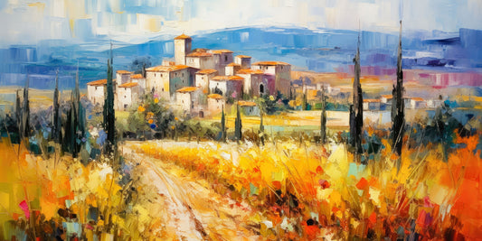 Toskana Landschaft Motiv im Stil eines impressionistischen Spachtel-Gemäldes als hochwertiger Kunstdruck auf Leinwand, Alu-Dibond oder hinter Acrylglas kaufen.