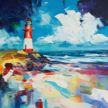 Modernes Gemälde eines Leuchtturms am Meer als hochwertiger Kunstdruck auf Leinwand, Alu-Dibond oder hinter Acrylglas.