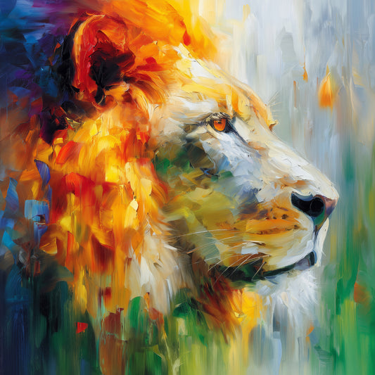 Impressionistisches Löwengemälde als hochwertiger Kunstdruck, erhältlich als Wandbild auf Leinwand, Alu-Dibond, hinter Acrylglas oder als Poster.