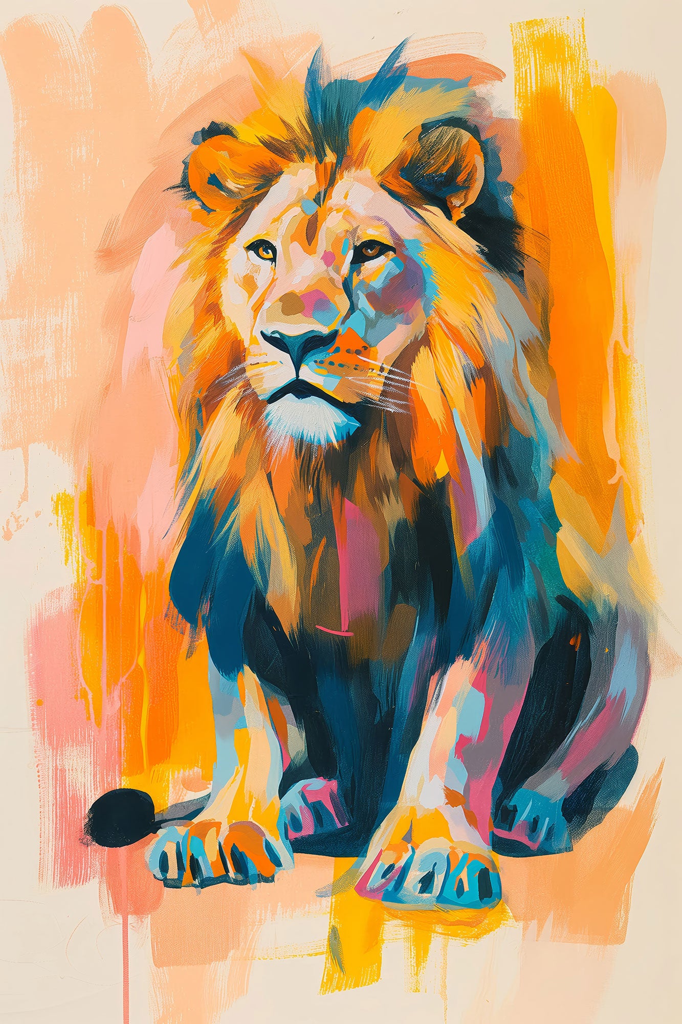 Modernes Löwengemälde als hochwertiger Kunstdruck auf Leinwand, Alu-Dibond oder hinter Acrylglas. 