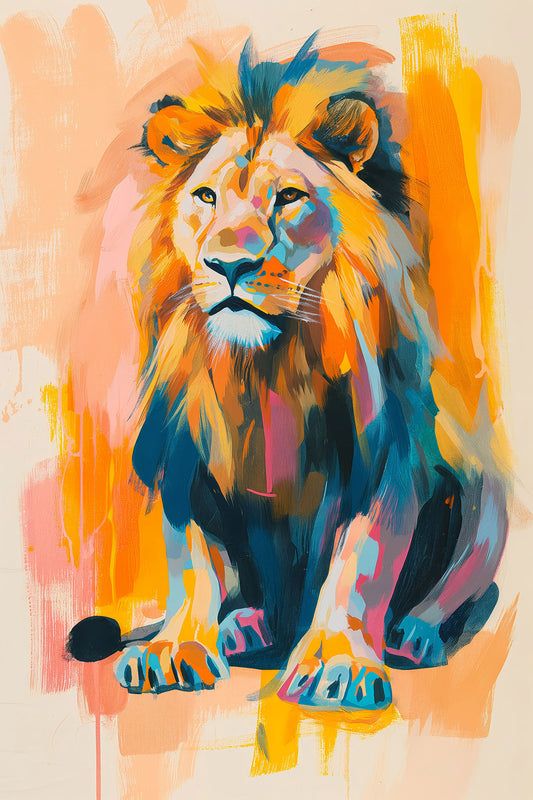 Modernes Löwengemälde als hochwertiger Kunstdruck auf Leinwand, Alu-Dibond oder hinter Acrylglas. 
