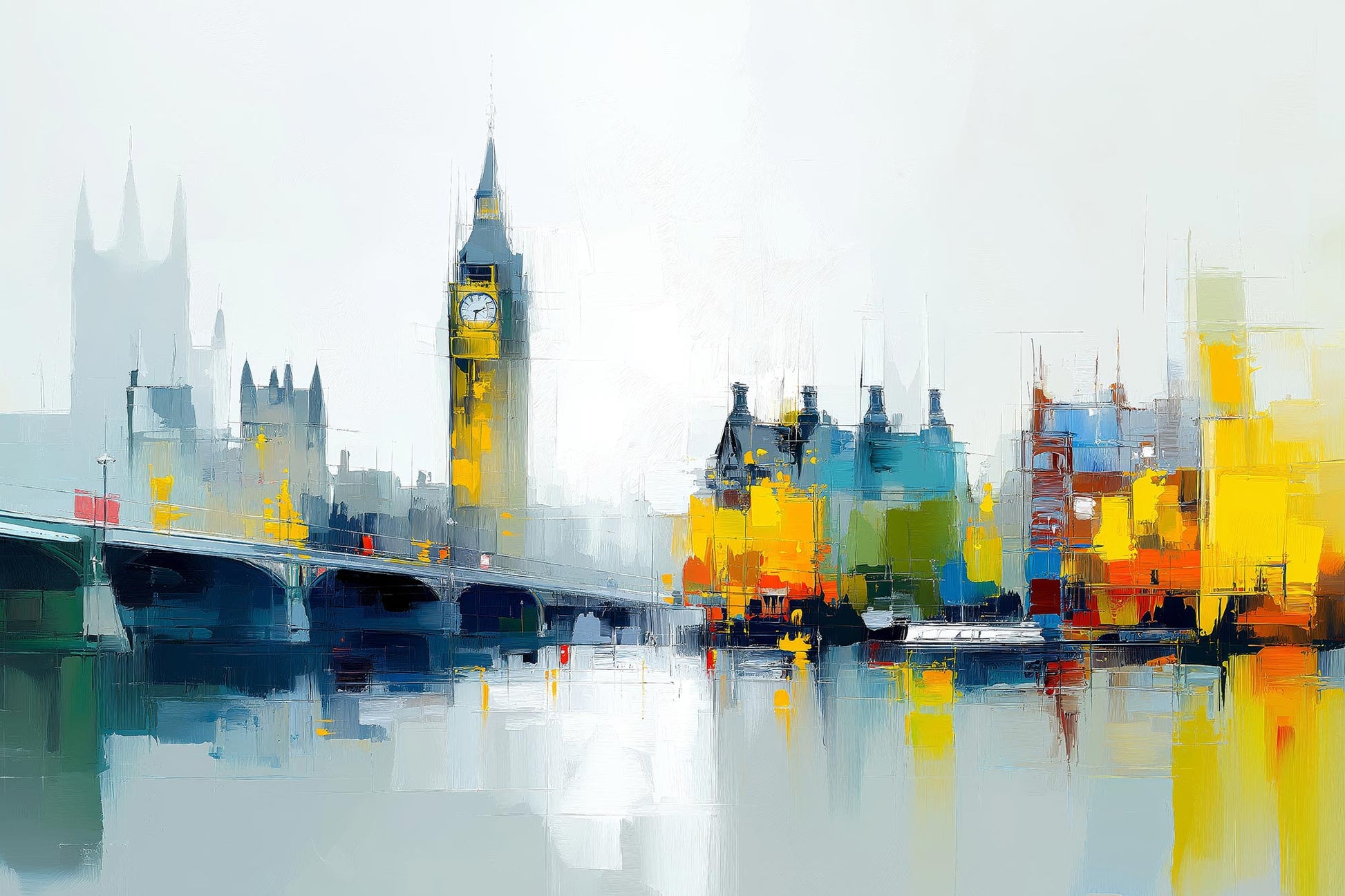 Modernes London-Wandbild mit Big Ben und Westminster Bridge als hochwertiger Kunstdruck auf Leinwand, Alu-Dibond oder hinter Acrylglas kaufen.