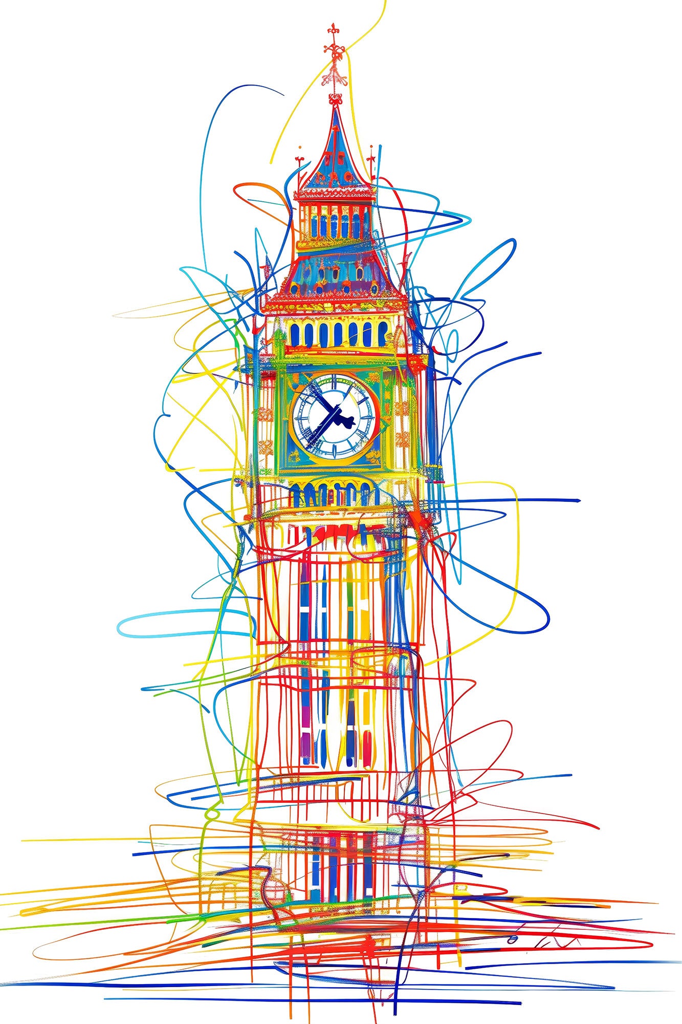 Abstraktes Londoner Wahrzeichen-Motiv mit dem Big Ben im farbenfrohen Scribble-Stil als hochwertiger Kunstdruck auf Leinwand, Alu-Dibond oder hinter Acrylglas online kaufen.
