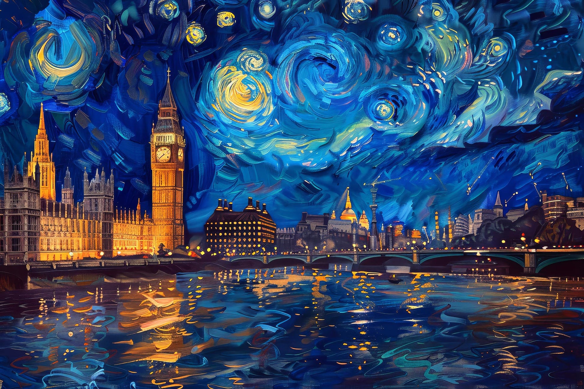 Londoner Sternennacht Gemälde Kunstdruck. Hochwertiges Wandbild auf Leinwand, Alu-Dibond oder hinter Acrylglas online kaufen.