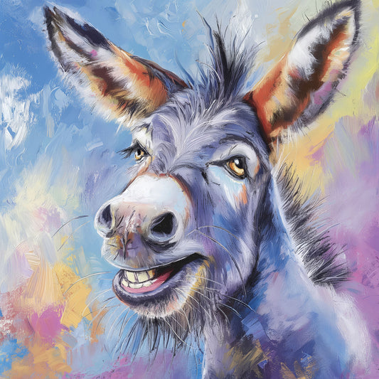 Lustiger Esel Gemälde-Wandbild als Kunstdruck auf Leinwand, hinter Acrylglas oder auf Alu-Dibond.