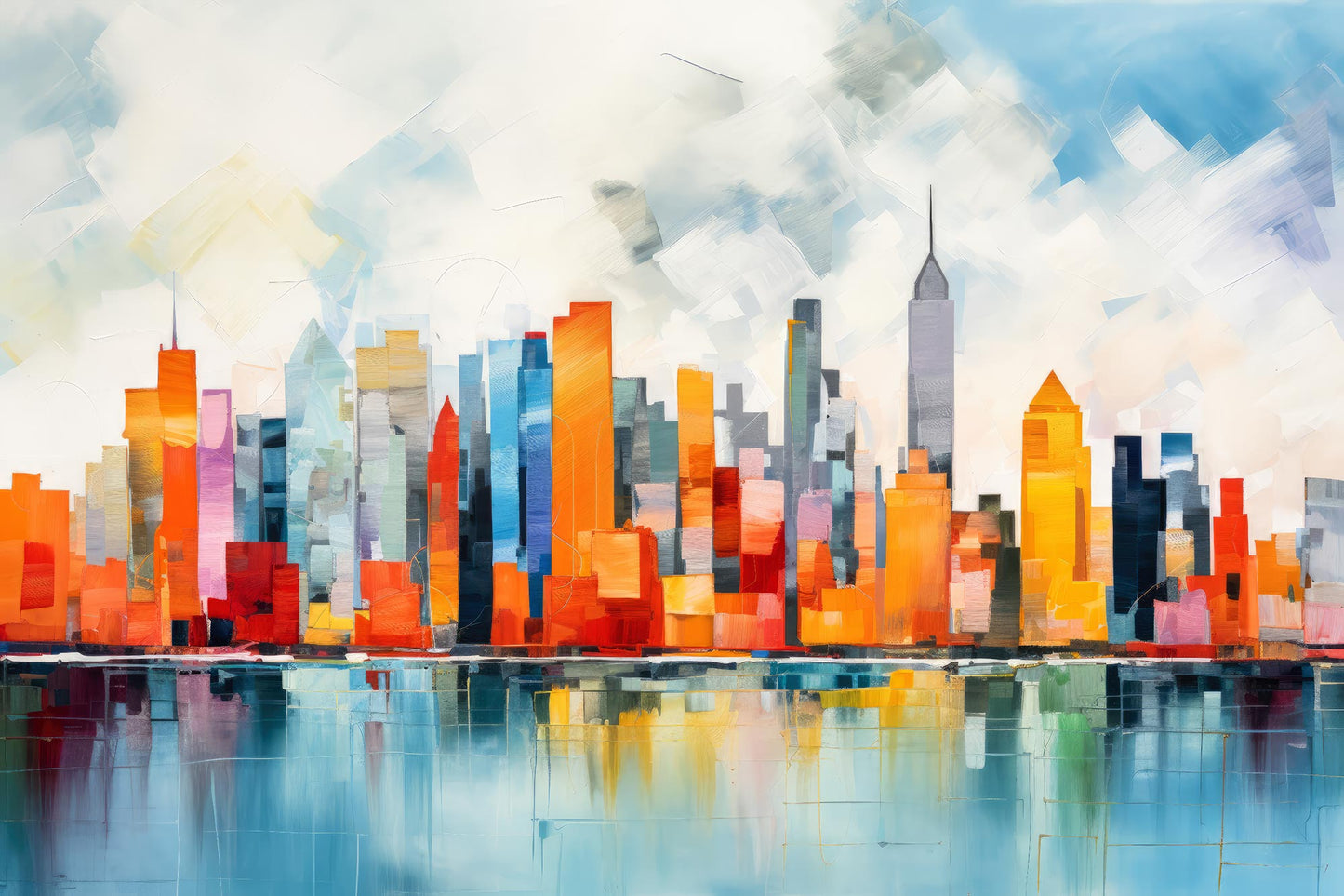 Abstrakte Manhattan Skyline als Gemälde im modernen, hellen Expressionismus-Stil. Jetzt als hochwertiger Kunstdruck auf Leinwand, hinter Acrylglas oder auf Alu-Dibond online kaufen.