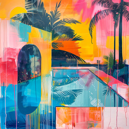 Farbenfrohes, modernes Gemälde einer marokkanischen Pool-Oase in dynamischer Pinselstrich-Optik als Kunstdruck auf Leinwand, hinter Acrylglas oder auf Alu-Dibond.