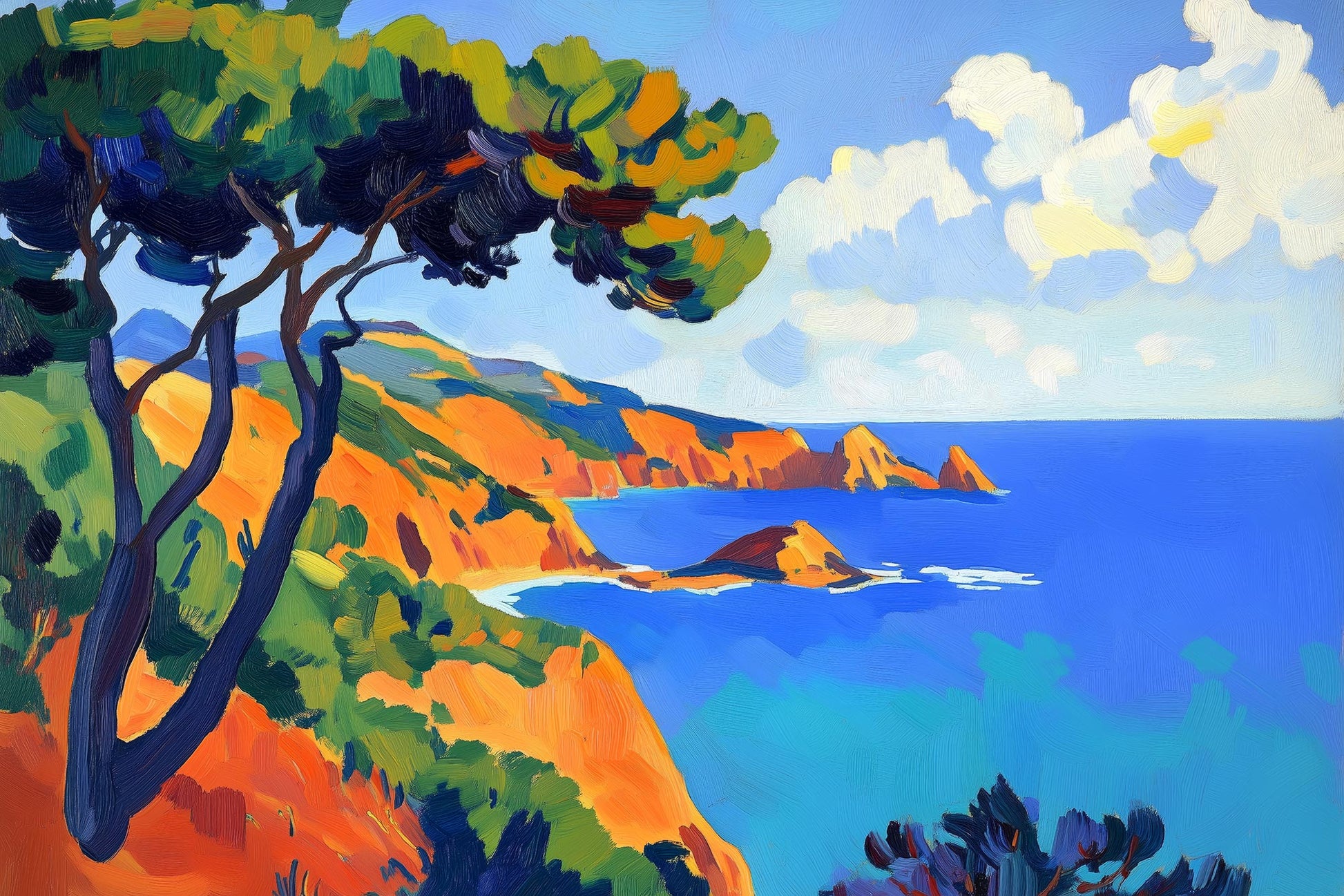 Mediterrane Küstenlandschaft im Stil eines fauvistischen Gemäldes als hochwertiger Kunstdruck auf Leinwand, Alu-Dibond, hinter Acrylglas oder als Poster. 