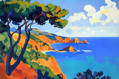 Mediterrane Küstenlandschaft im Stil eines fauvistischen Gemäldes als hochwertiger Kunstdruck auf Leinwand, Alu-Dibond, hinter Acrylglas oder als Poster. 