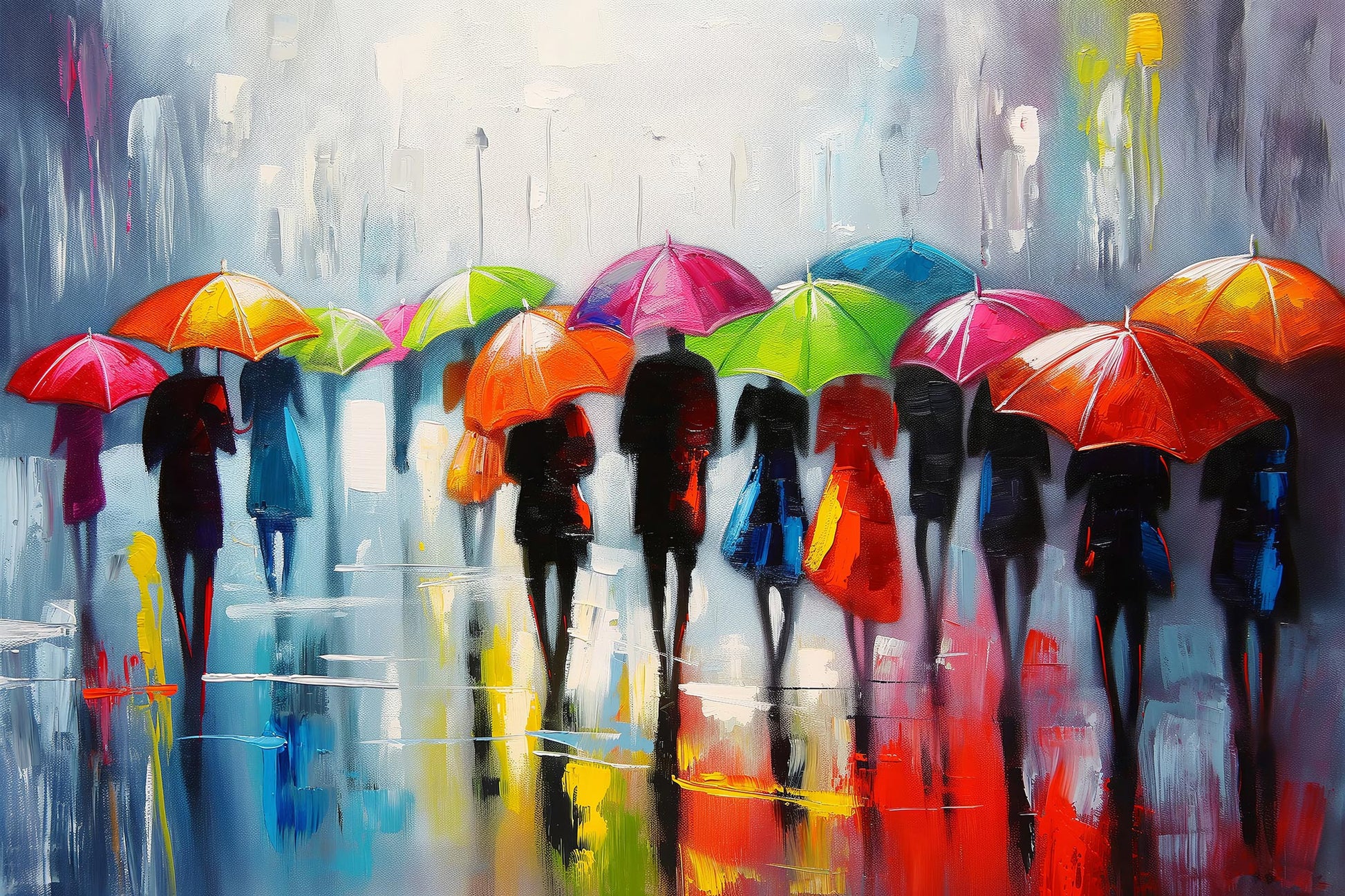 Modernes abstrakt-impressionistisches Gemälde von Fußgängern mit bunten Regenschirmen auf einer nassen, spiegelnden Straße als Wandbild für das Wohnzimmer auf Leinwand, Acrylglas oder Alu-Dibond.