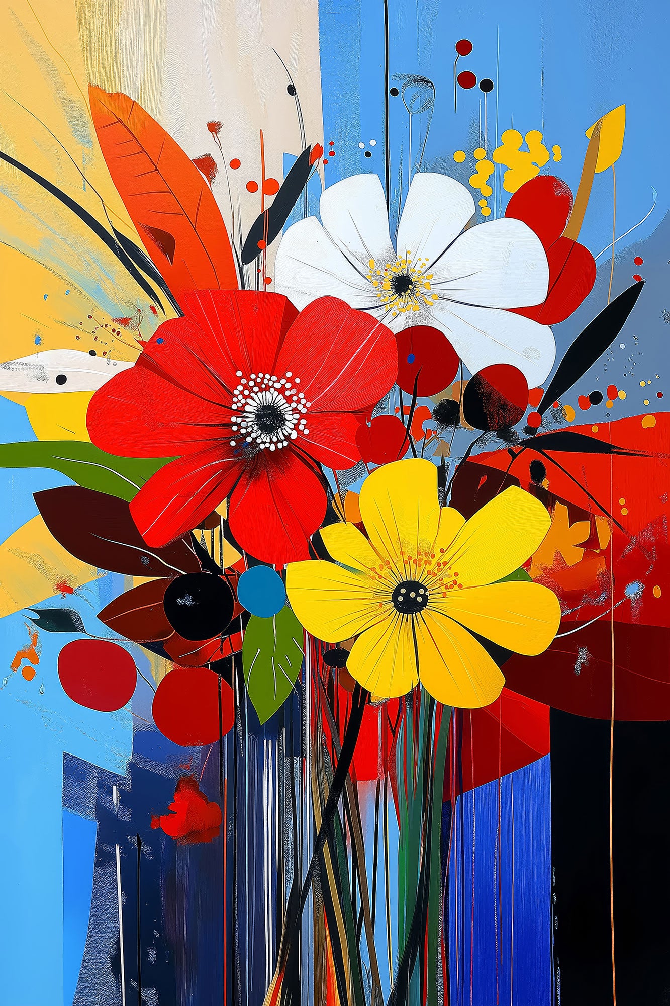 Bunter abstrakter Blumenstrauß im Stil eines modernen Gemäldes als hochwertiger Kunstdruck. Jetzt als Wandbild auf Leinwand, Alu-Dibond oder hinter Acrylgas kaufen.