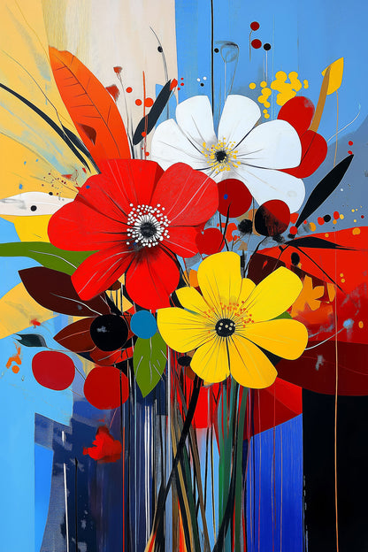 Bunter abstrakter Blumenstrauß im Stil eines modernen Gemäldes als hochwertiger Kunstdruck. Jetzt als Wandbild auf Leinwand, Alu-Dibond oder hinter Acrylgas kaufen.