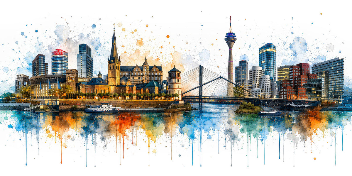 Düsseldorf Skyline Illustration als hochwertiger Kunstdruck. Jetzt bestellen als Wandbild auf Leinwand, Alu-Dibond, hinter Acrylglas oder als Poster. Versandkostenfreie Lieferung innerhalb Deutschlands.