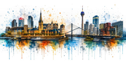 Düsseldorf Skyline Illustration als hochwertiger Kunstdruck. Jetzt bestellen als Wandbild auf Leinwand, Alu-Dibond, hinter Acrylglas oder als Poster. Versandkostenfreie Lieferung innerhalb Deutschlands.