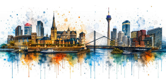 Düsseldorf Skyline Illustration als hochwertiger Kunstdruck. Jetzt bestellen als Wandbild auf Leinwand, Alu-Dibond, hinter Acrylglas oder als Poster. Versandkostenfreie Lieferung innerhalb Deutschlands.