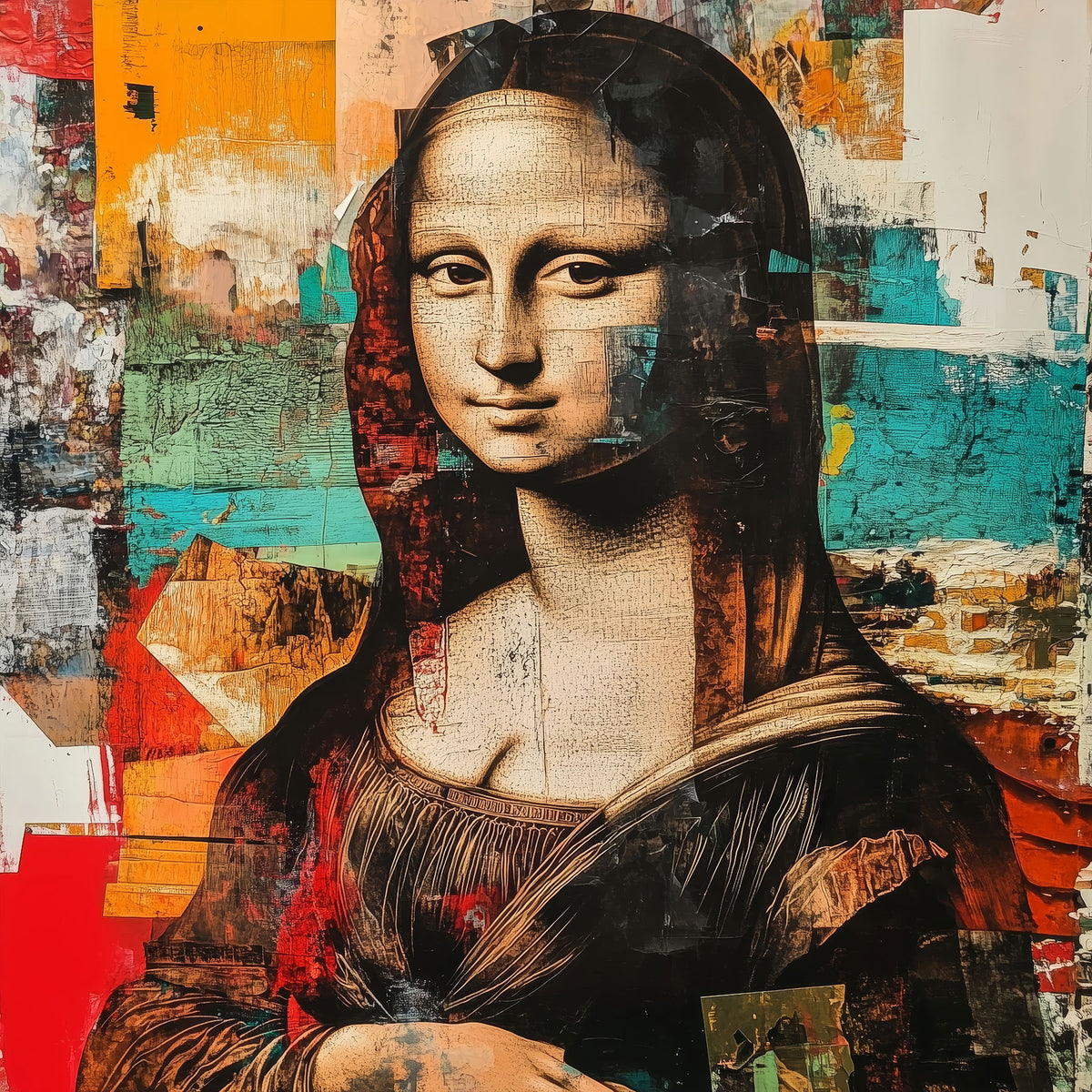 Moderne Mona Lisa Interpretation im Pop Art Collagen Stil als hochwertiger Kunstdruck auf Leinwand, Alu-Dibond oder hinter Acrylglas.