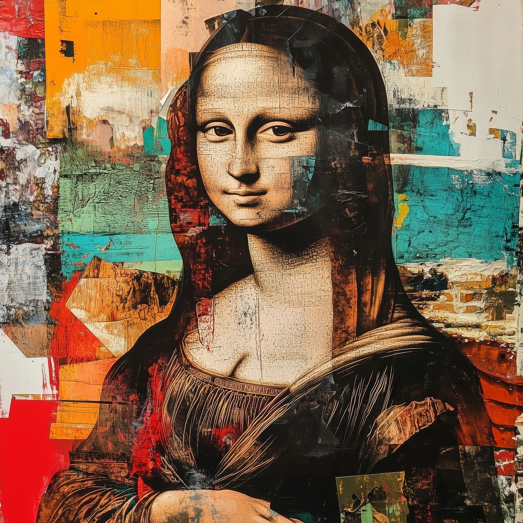 Moderne Mona Lisa Interpretation im Pop Art Collagen Stil als hochwertiger Kunstdruck auf Leinwand, Alu-Dibond oder hinter Acrylglas.