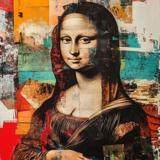 Moderne Mona Lisa Interpretation im Pop Art Collagen Stil als hochwertiger Kunstdruck auf Leinwand, Alu-Dibond oder hinter Acrylglas.