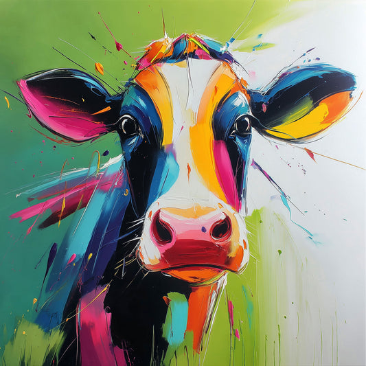 Buntes Kuh-Porträt Wandbild im modernen Pop-Art-Stil als hochwertiger Kunstdruck auf Leinwand, Alu-Dibond oder hinter Acrylglas online kaufen.