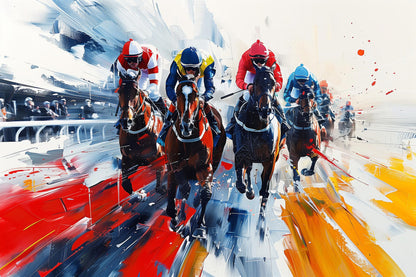 Dynamisches Pferderennen-Gemälde als hochwertiger Kunstdruck auf Leinwand, Alu-Dibond oder Acrylglas.