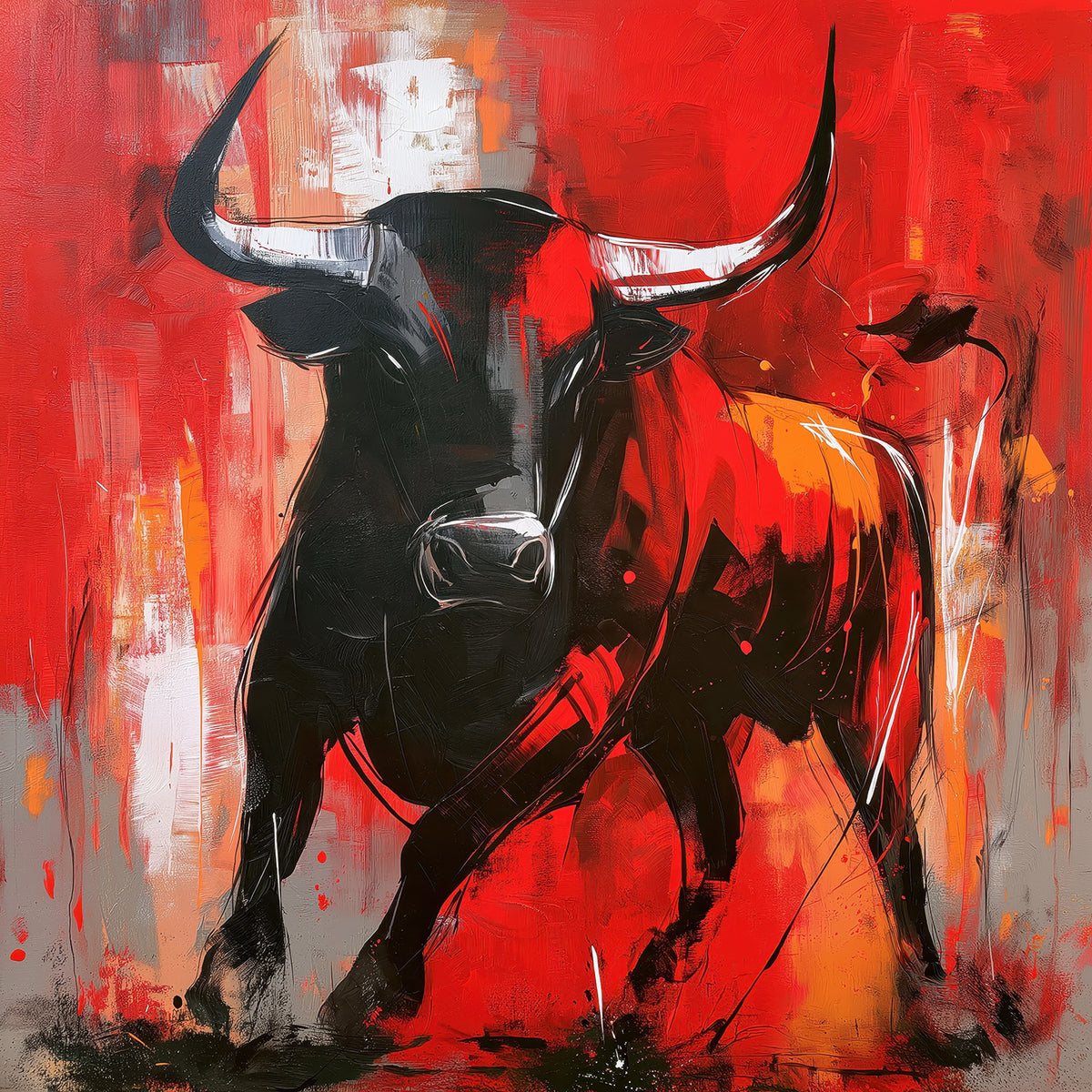 Modernes Stier Gemälde in roten und schwarzen Farbtönen als hochwertiger Kunstdruck. Jetzt bestellen als Wandbild auf Leinwand, Alu-Dibond, hinter Acrylglas oder als Poster.