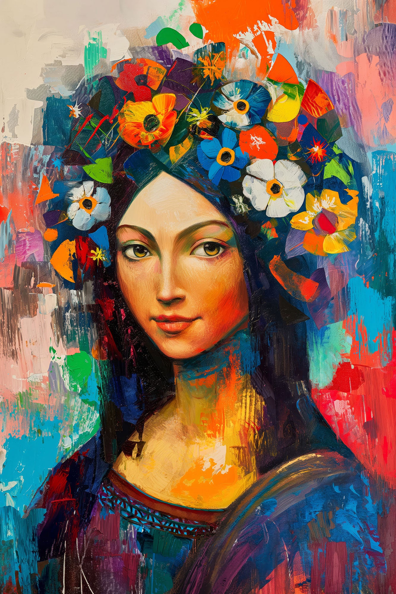 Modernes Mona Lisa Gemälde im modernen abstrakten Stil mit bunten Blumen als Wandbild Kunstdruck
