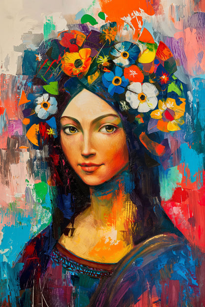 Modernes Mona Lisa Gemälde im modernen abstrakten Stil mit bunten Blumen als Wandbild Kunstdruck
