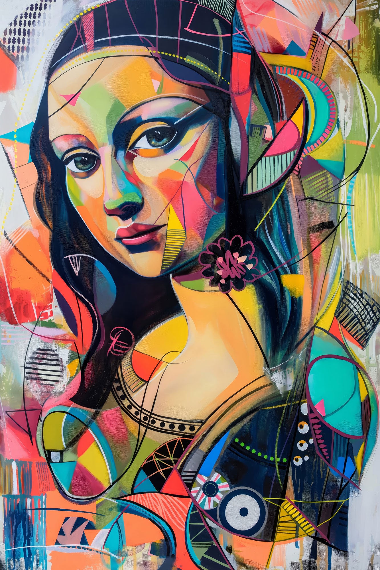 Moderne Mona-Lisa Interpretation im Pop-Art-Stil als hochwertiger Kunstdruck auf Leinwand, Alu-Dibond oder hinter Acrylglas.