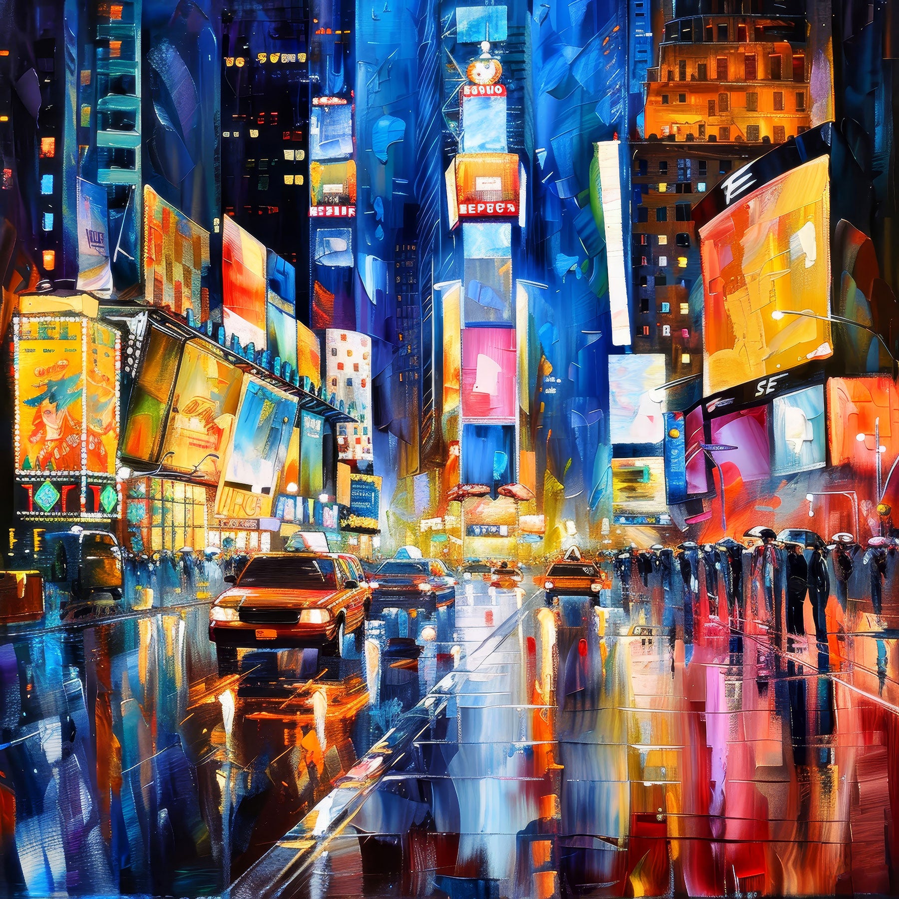 Modernes New York Gemälde des Times Square bei Nacht mit gelben Taxis und leuchtenden Werbetafeln als hochwertiger Kunstdruck auf Leinwand oder Alu-Dibond.