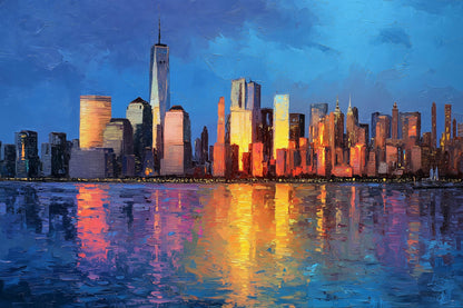 New York Skyline im goldenen Abendlicht der untergehenden Sonne - modernes Gemälde als Kunstdruck auf Leinwand, Alu-Dibond oder hinter Acrylglas.