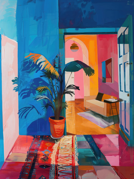 Zeigenössisches Gemälde eines aus nordafrikanischen Ländern inspirierten Interiors. Als Wandbild auf Leinwand, Alu-Dibond oder als Poster bestellen.