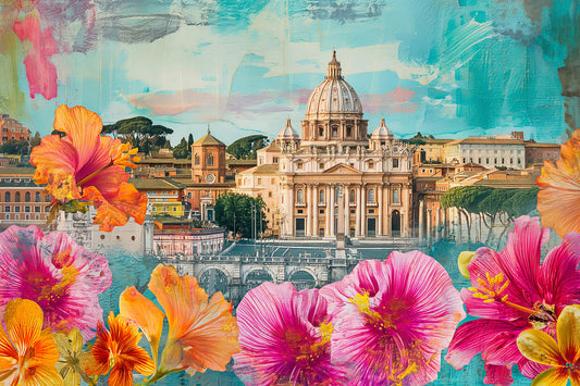 Modernes Petersdom in Rom Gemälde im modernen Collagen-Stil mit bunten Blumen als Wandbild Kunstdruck auf Leinwand, hinter Acrylglas oder auf Alu-Dibond