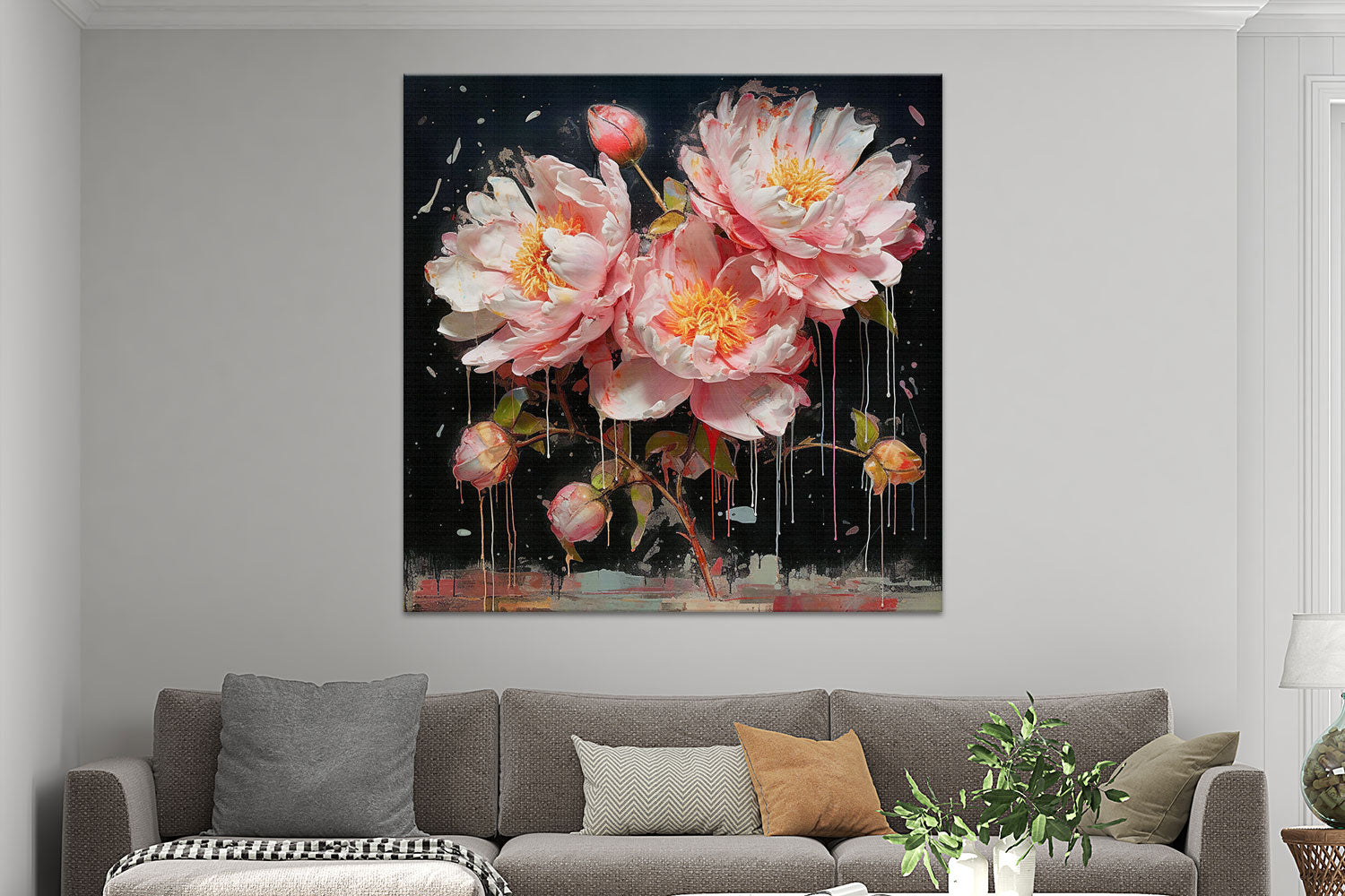 Pfingstrosen Gemälde mit dynamischen Dripping-Effekten  als hochwertigen Kunstdruck auf Leinwand, hinter Acrylglas oder auf Alu-Dibond online kaufen.