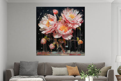 Pfingstrosen Gemälde mit dynamischen Dripping-Effekten  als hochwertigen Kunstdruck auf Leinwand, hinter Acrylglas oder auf Alu-Dibond online kaufen.