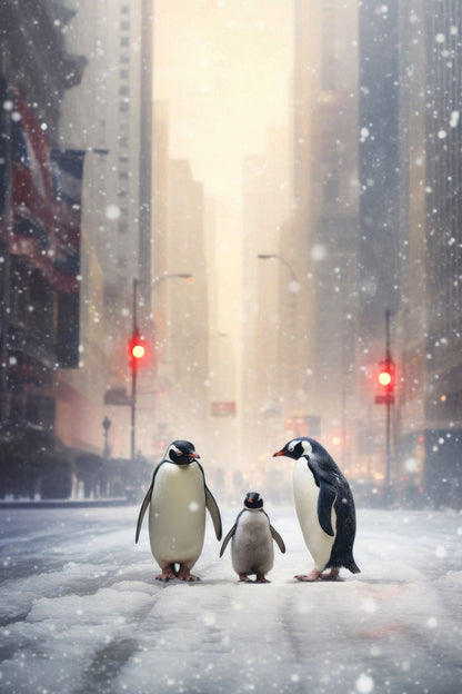 Pinguine in New York - Surreales Pinguin-Wandbild in Manhattan. Entdecke diesen einzigartigen Kunstdruck mit winterlichen City-Vibes für eine moderne Wandgestaltung, auf Leinwand, hinter Acrylglas, auf Alu-Dibond oder als Poster.