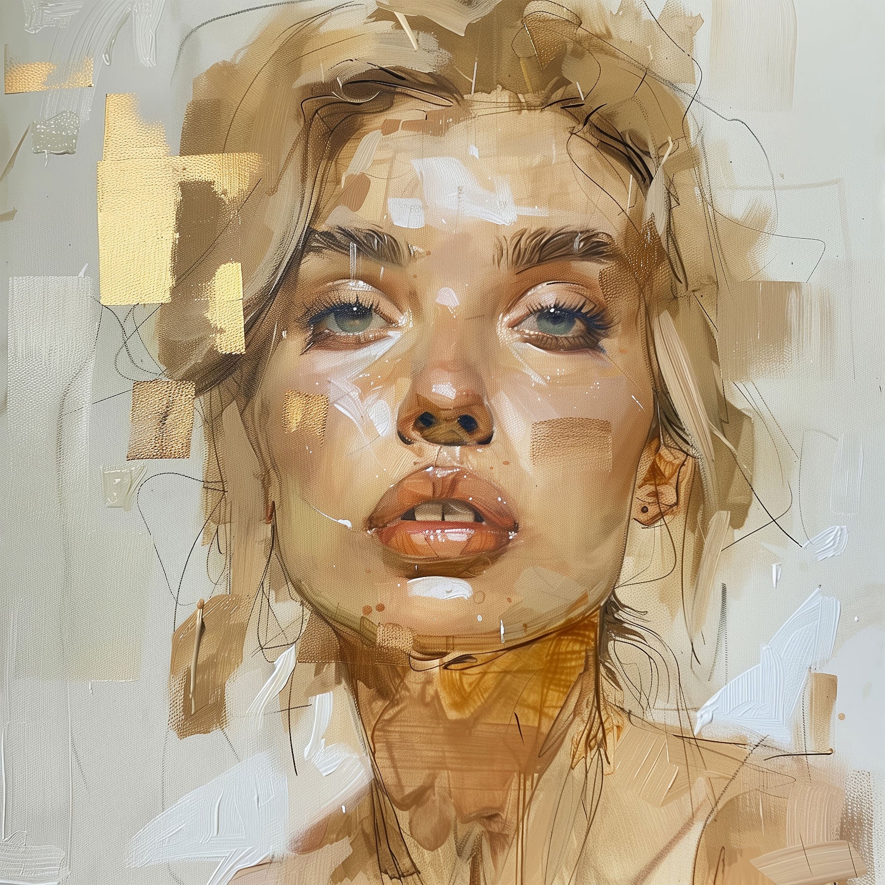 Ausdrucksstarke Frauenporträt im Stil eines modernen abstrakten Gemäldes mit goldenen Farbtönen als Kunstdruck auf Leinwand, Alu-Dibond oder hinter Acrylglas.