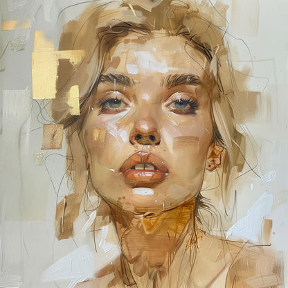Ausdrucksstarke Frauenporträt im Stil eines modernen abstrakten Gemäldes mit goldenen Farbtönen als Kunstdruck auf Leinwand, Alu-Dibond oder hinter Acrylglas.