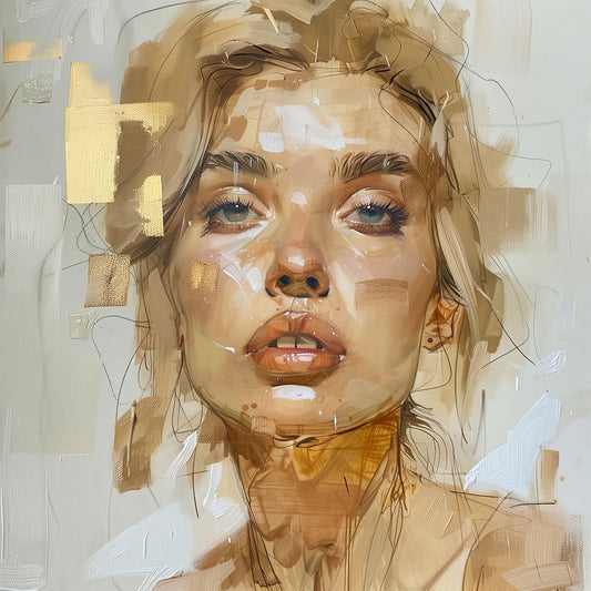 Ausdrucksstarke Frauenporträt im Stil eines modernen abstrakten Gemäldes mit goldenen Farbtönen als Kunstdruck auf Leinwand, Alu-Dibond oder hinter Acrylglas.