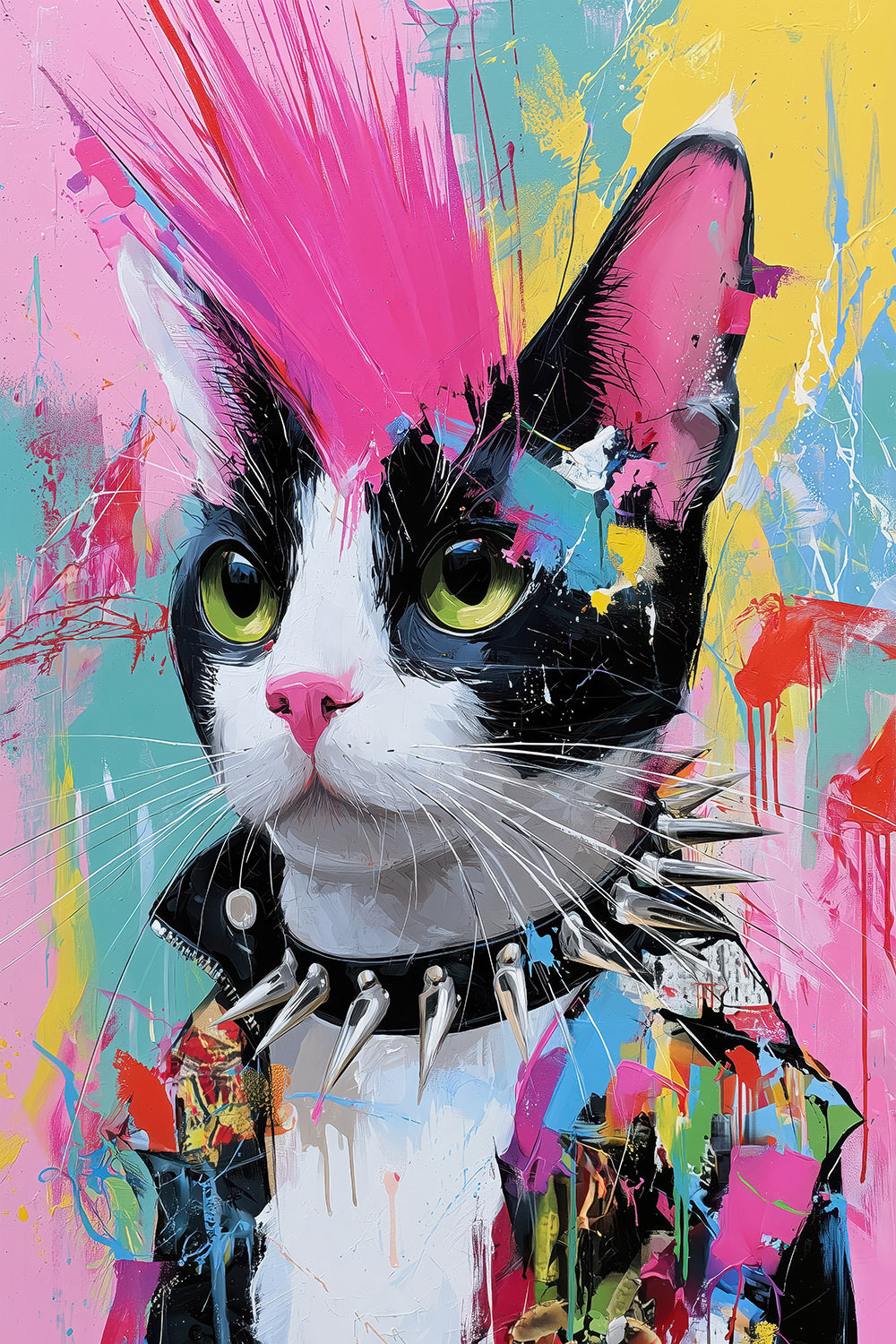 Pop Art Gemälde einer Katze im Punk Look als Kunstdruck. Erhältlich als Wandbild auf Leinwand, Alu-Dibond, hinter Acrylglas oder als Poster.