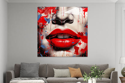 Modernes Pop Art Wandbild von roten Lippen hinter Acrylglas.