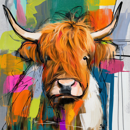 Schottisches Hochlandrind als buntes Pop-Art-Gemälde. Jetzt bestellen als Wandbild auf Leinwand, Alu-Dibond, Acrylglas oder als Poster.