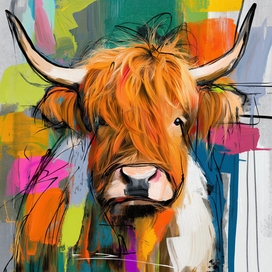 Schottisches Hochlandrind als buntes Pop-Art-Gemälde. Jetzt bestellen als Wandbild auf Leinwand, Alu-Dibond, Acrylglas oder als Poster.